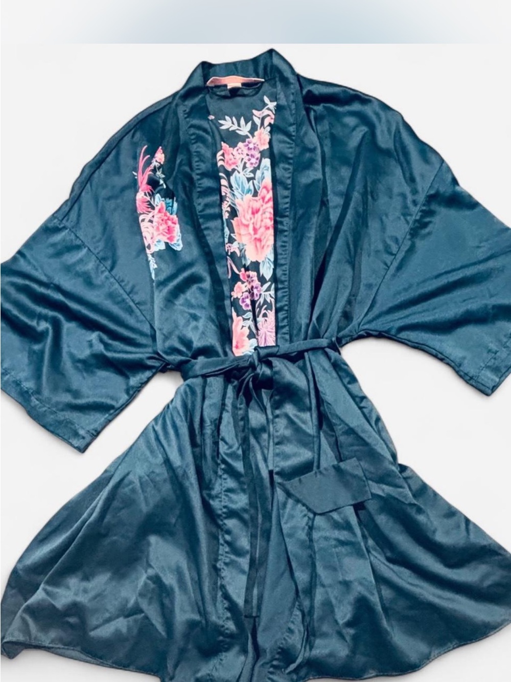 Vintage Victoria's Secret Teal Satin Kimono Robe with Bright Floral Panels